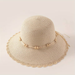 Ruffles Beads Decor Bucket Hat Solid Sun Hat Straw Hat For Women
