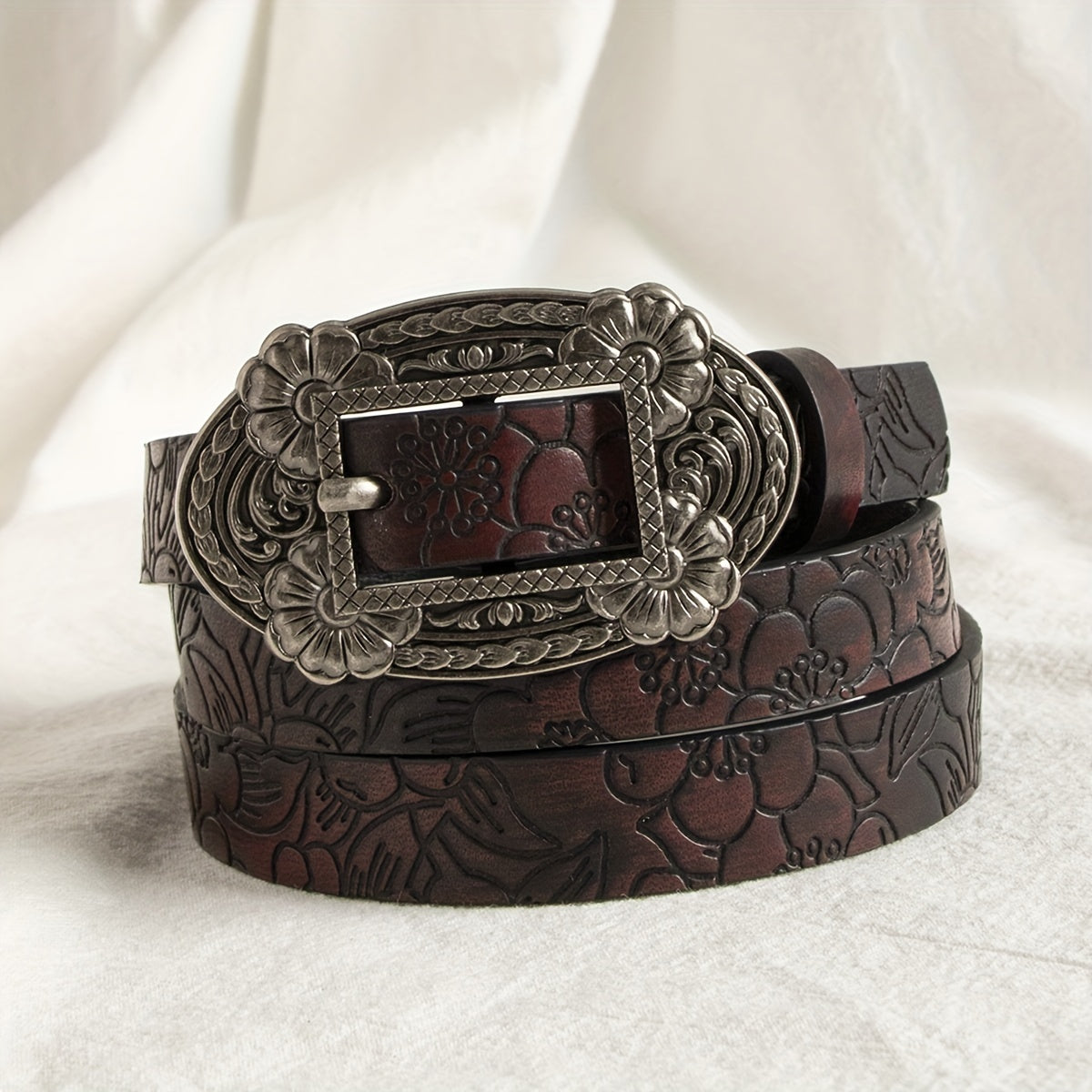 Vintage Carved Buckle PU Belt Flower Pattern Embossed Belt For Women