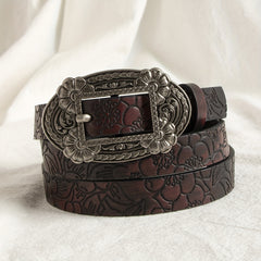 Vintage Carved Buckle PU Belt Flower Pattern Embossed Belt For Women