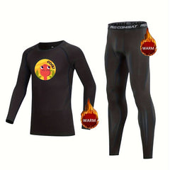 Kids Compression Fleece Sets Cartoon Snake Pattern Long Sleeve Pullover & Pants