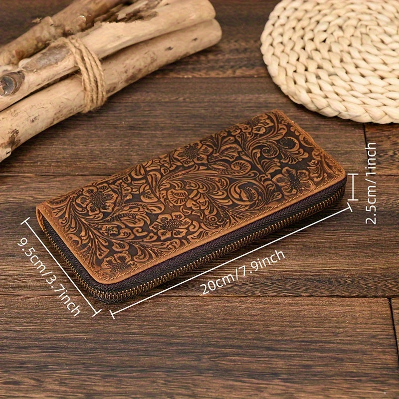 Men's Vintage Travel Wallet Top Grain Leather with Wristlet Zipper Closure