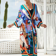 Boho Cover Up Robe Women's Plus Allover Print Half Sleeve Long Robe