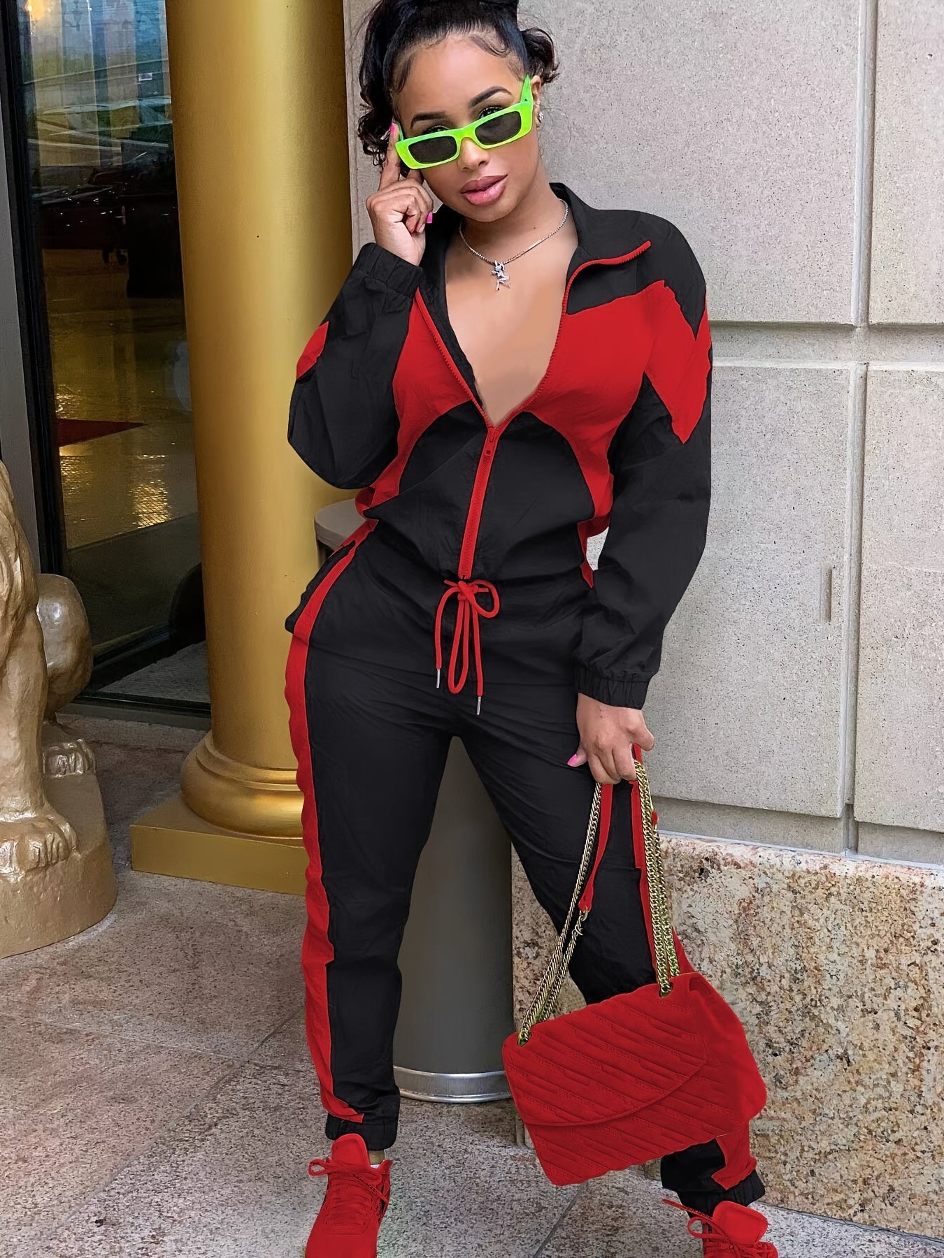 Plus Size Colorblock Long Sleeve Zipper Jacket & Joggers Set