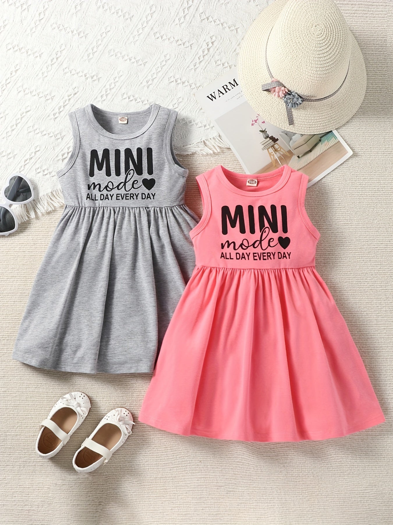 2pcs Toddler Girls Sleeveless Letter & Heart Graphic Cotton Dress