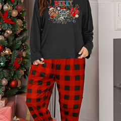 Women's Plus Christmas Dog Paw Graphic Top & Plaid Pants Pajama Set