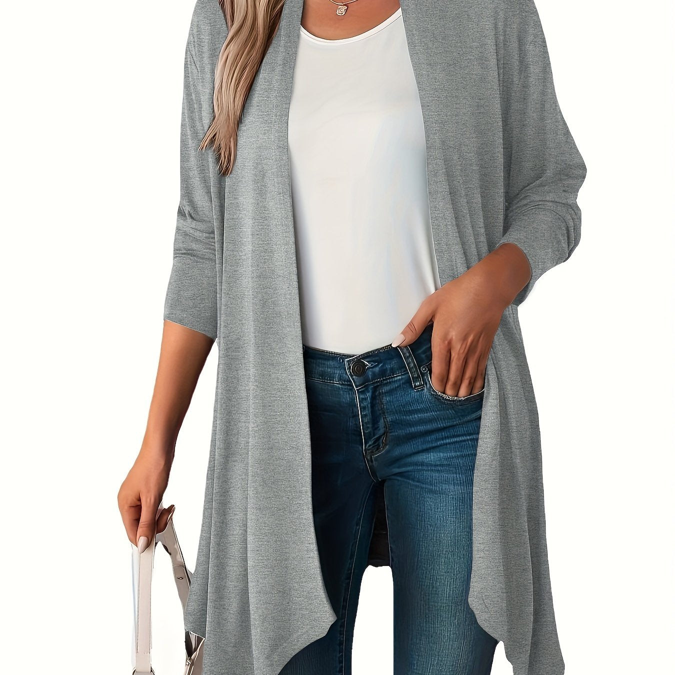 Solid Long Sleeve Open Front Cardigan