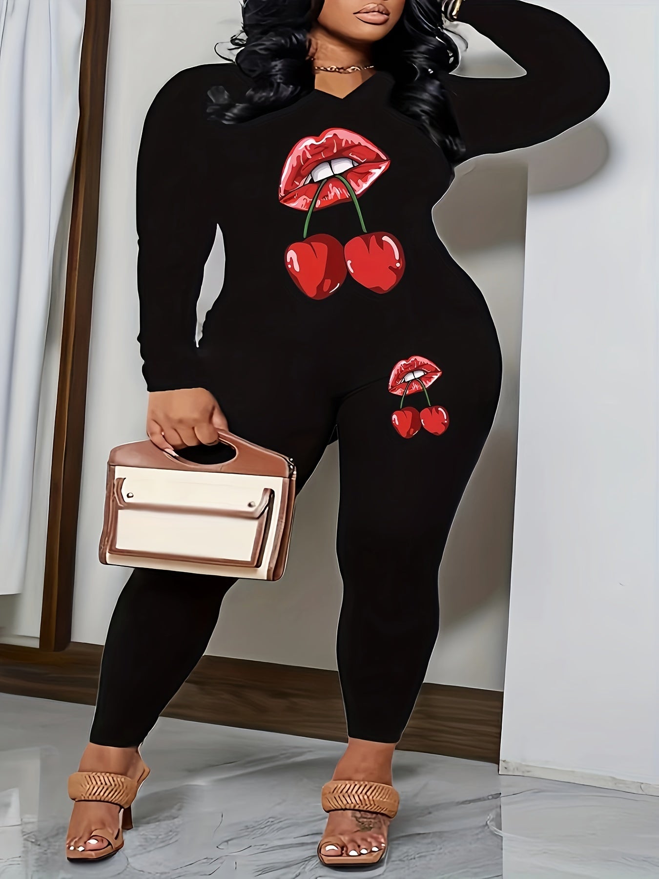 Red Lip & Cherry Print Long Sleeve V Neck Top & Leggings Set