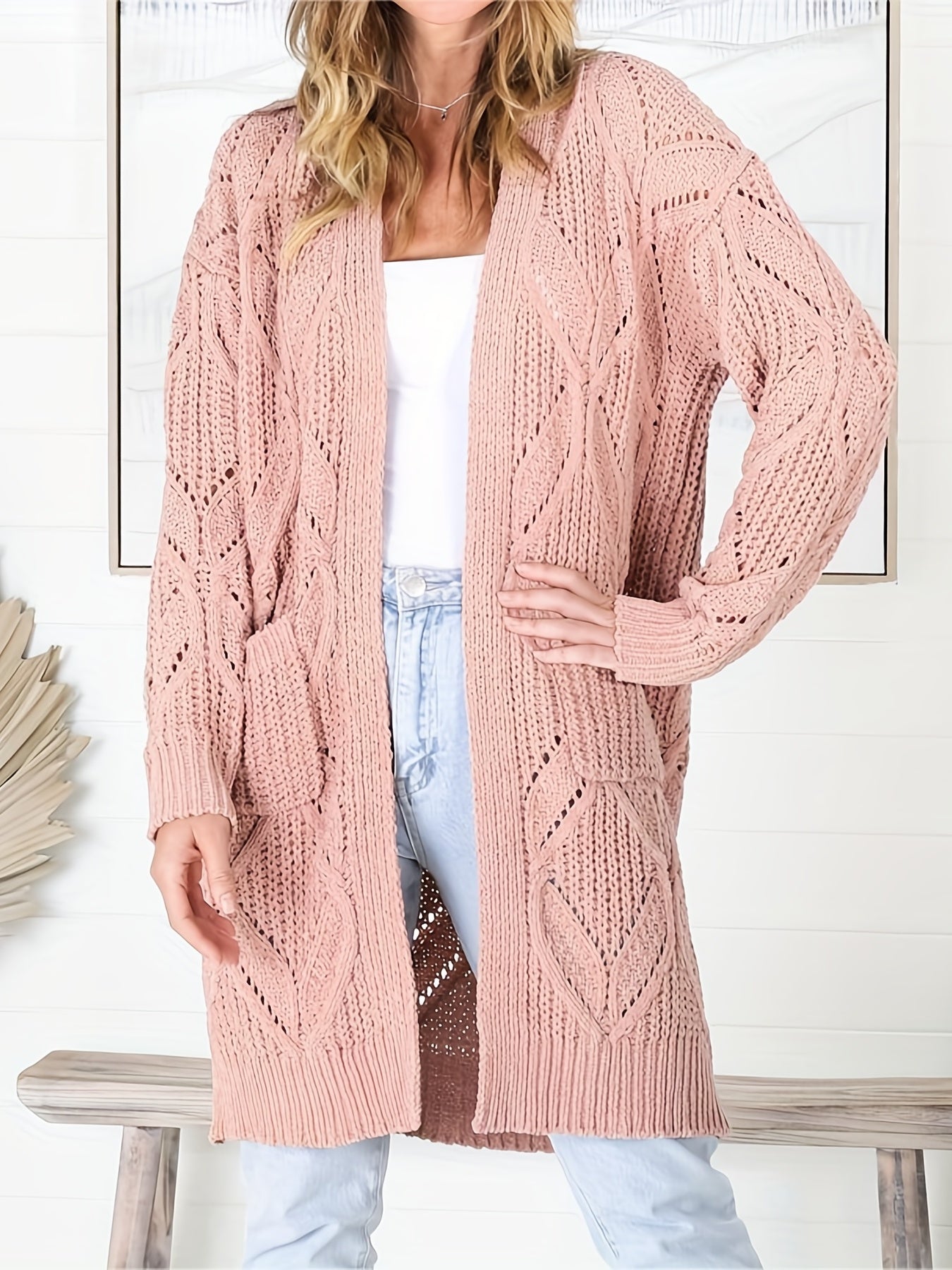 Solid Knit Long Sleeve Cardigan With Pockets