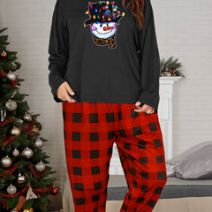 Snowman & Lights Graphic Long Sleeve Top & Plaid Pants Pajamas Set