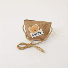 Girls Lucky Bear Shoulder Bag Woven Cion Pouch Canvas Crossbody Bag