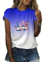 Star & Stripe Pattern Ombre Crew Neck T-Shirt Summer Tee Women's Clothing