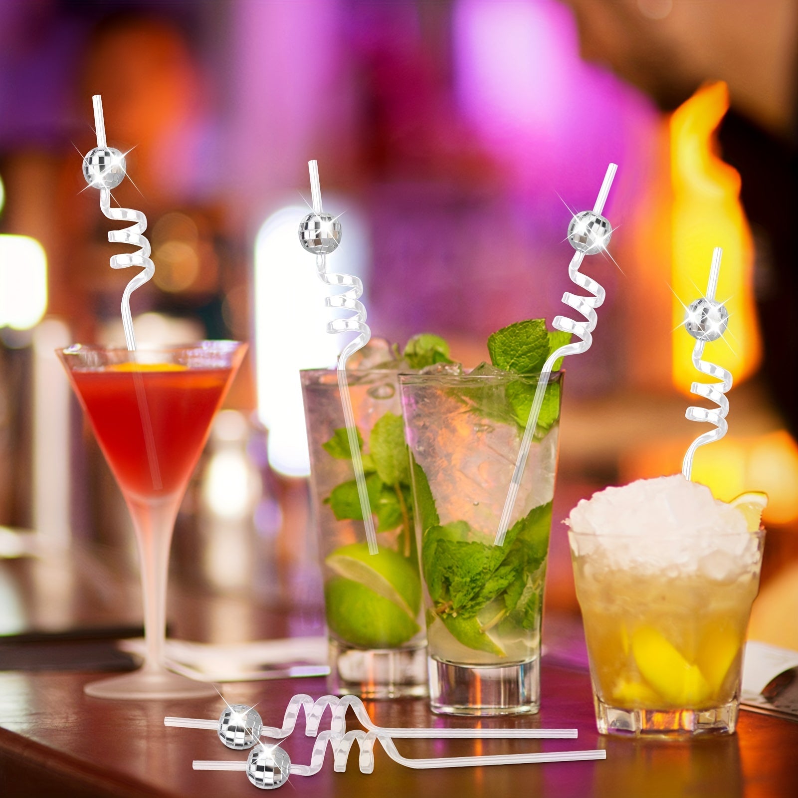 12 Reusable Disco Ball Straws for Party Decorations and Home Bar Use