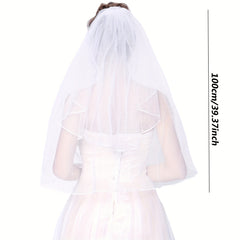 Short Tulle Wedding Veil Ribbon Edge Comb Bridal Bachelorette Party Accessories