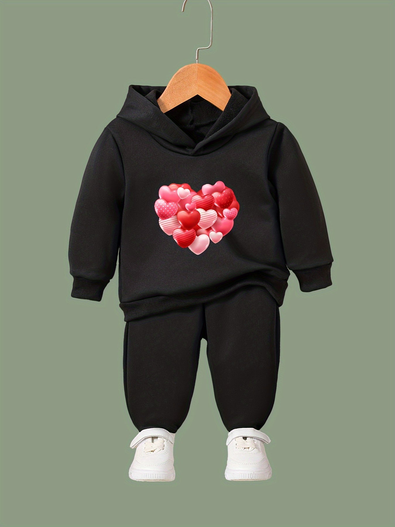 Girls Heart Pattern Hooded Sweatshirt Top Sweatpants Set