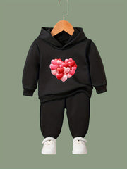 Girls Heart Pattern Hooded Sweatshirt Top Sweatpants Set
