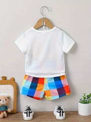 Baby Boy's Bear Print T Shirt & Plaid Shorts Set