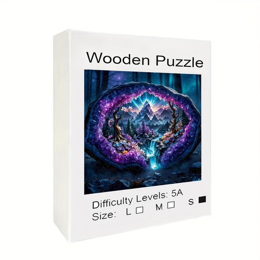 Enchanted Amethyst Cave Puzzle Fantasy Mountain Landscape with Blooming Forest