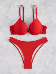 Red Triangle Push Up Bikini Set Spaghetti Straps High Cut 2 Piece Swimsuit