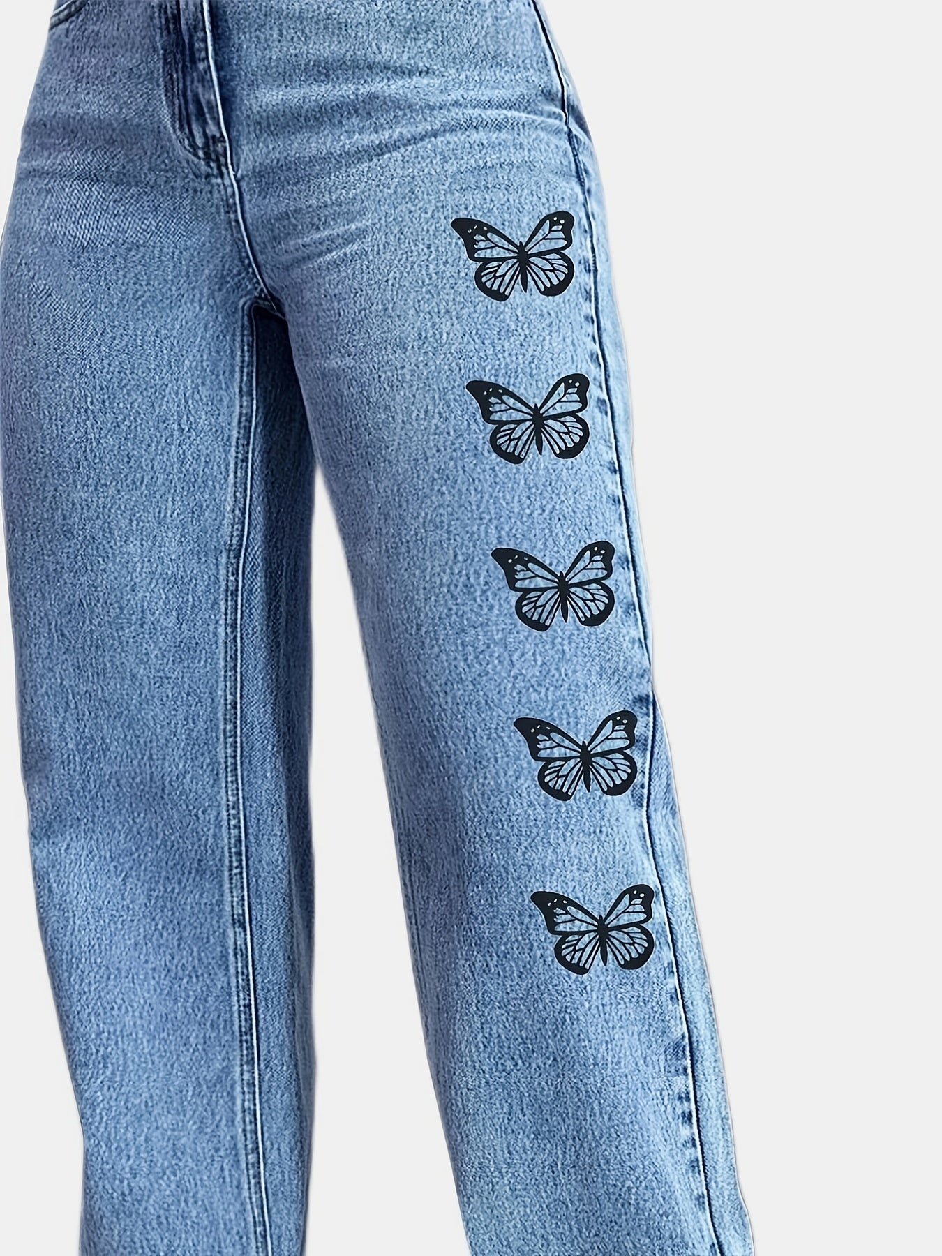 Butterfly Print High Waist Straight Leg Jeans Y2k Street Style Denim Pants