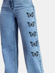 Butterfly Print High Waist Straight Leg Jeans Y2k Street Style Denim Pants