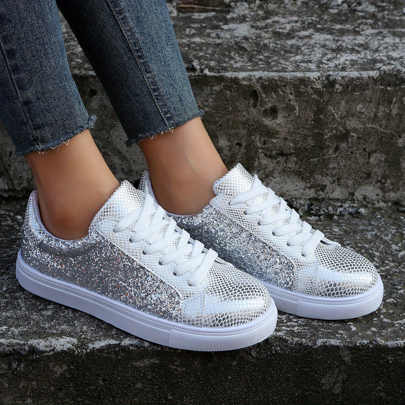 Glitter Flat Sneakers Lace Up Low Top Shoes
