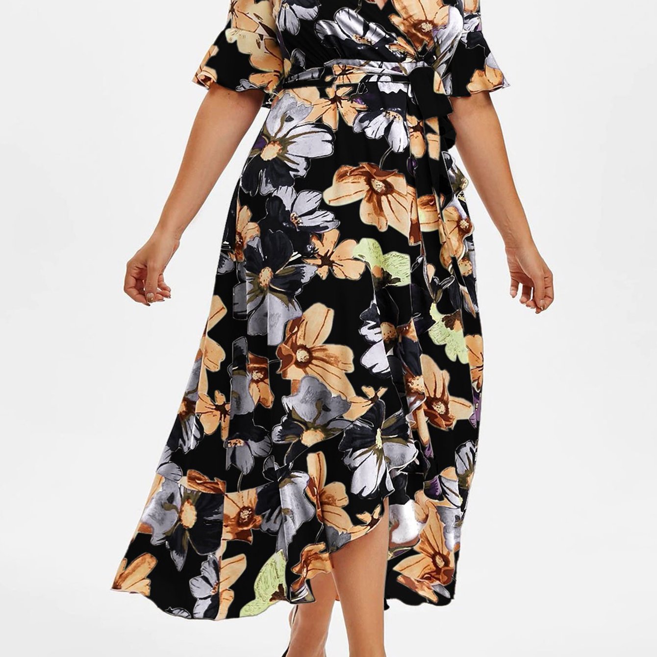 Floral Print Short Sleeve Ruffle Trim V Neck Dress