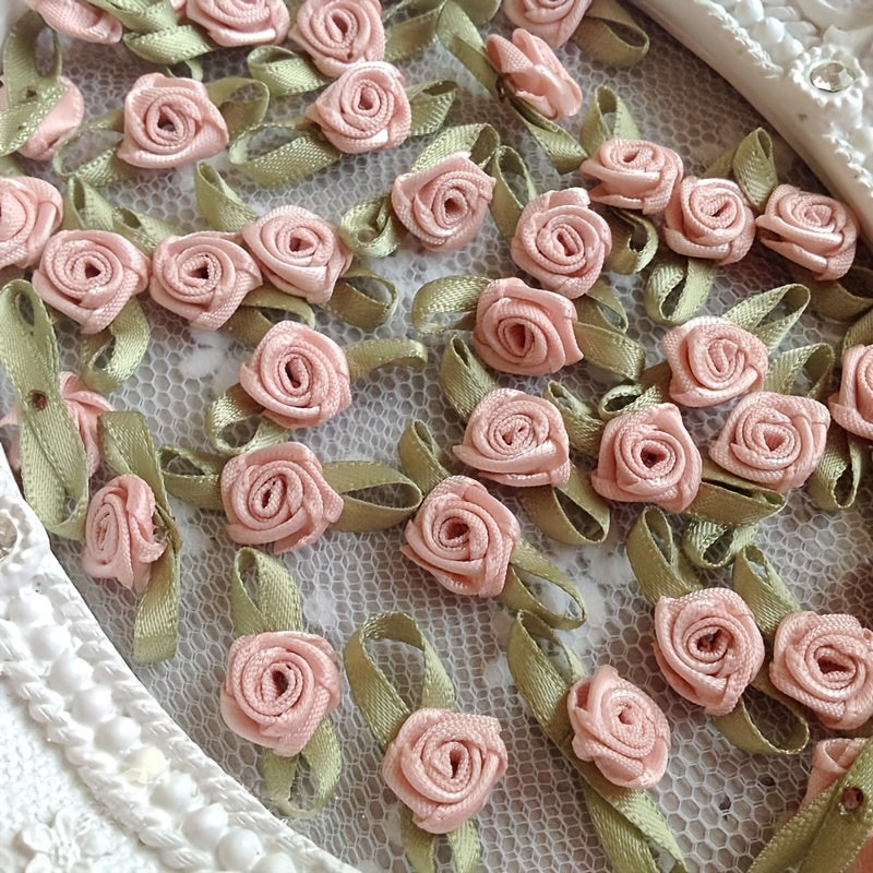 100pcs Ribbon Flower DIY Polyester Small Flower Rose Cloth Stickers