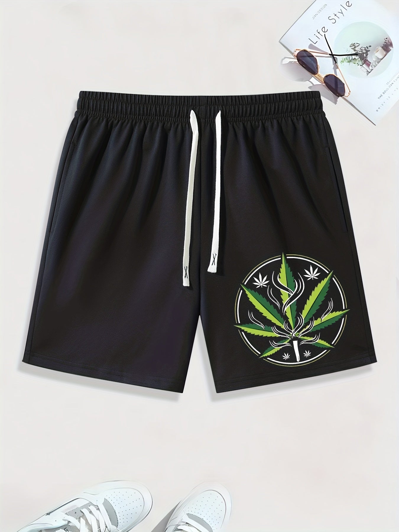 Leaf Print Men s Casual Drawstring Shorts
