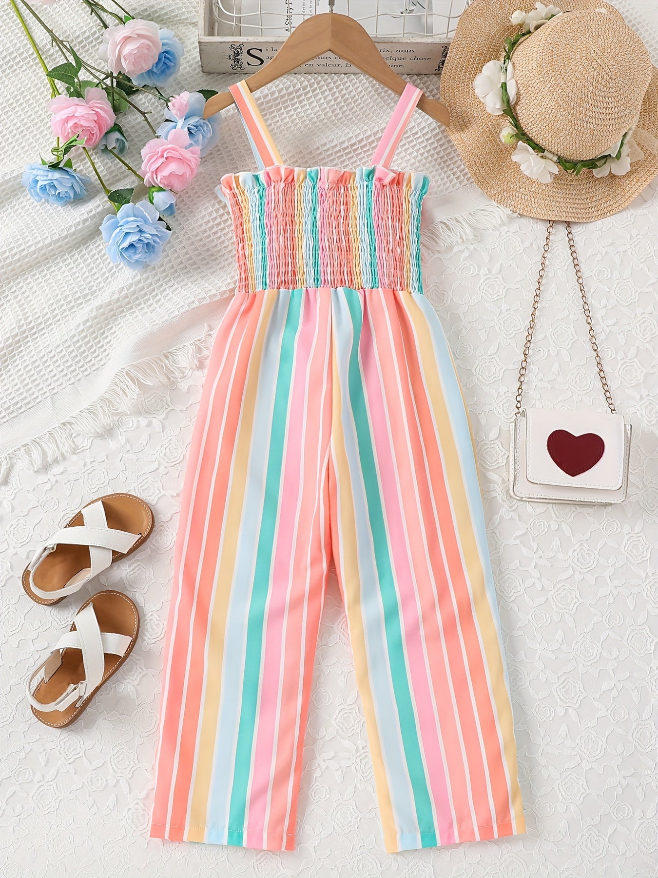 Toddler Girls Striped Frill Trim Cami Rompers Jumpsuits