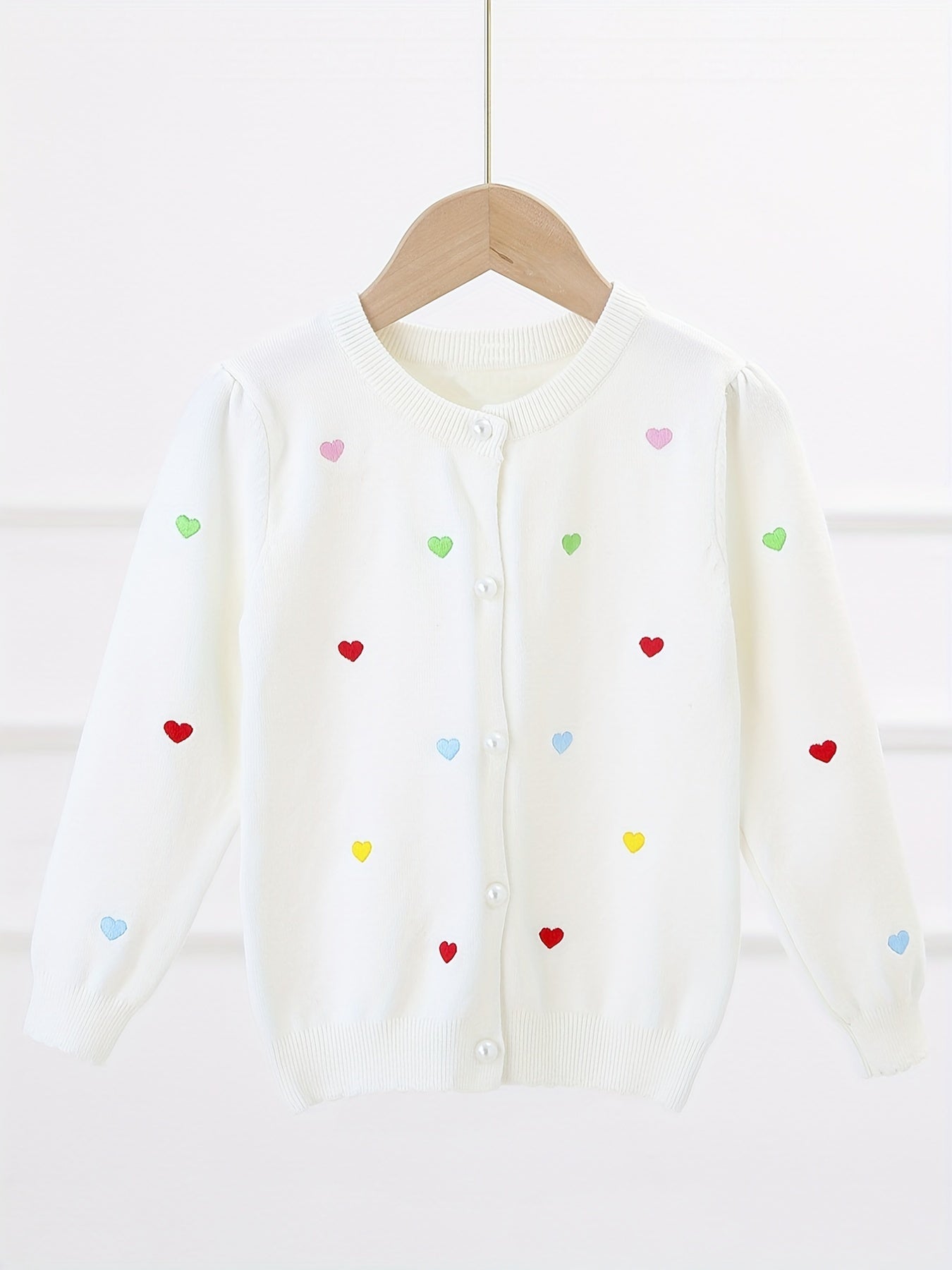 Girls Heart Embroidery Round Neck Knit Cardigan for Spring Fall