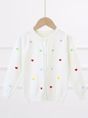 Girls Heart Embroidery Round Neck Knit Cardigan for Spring Fall