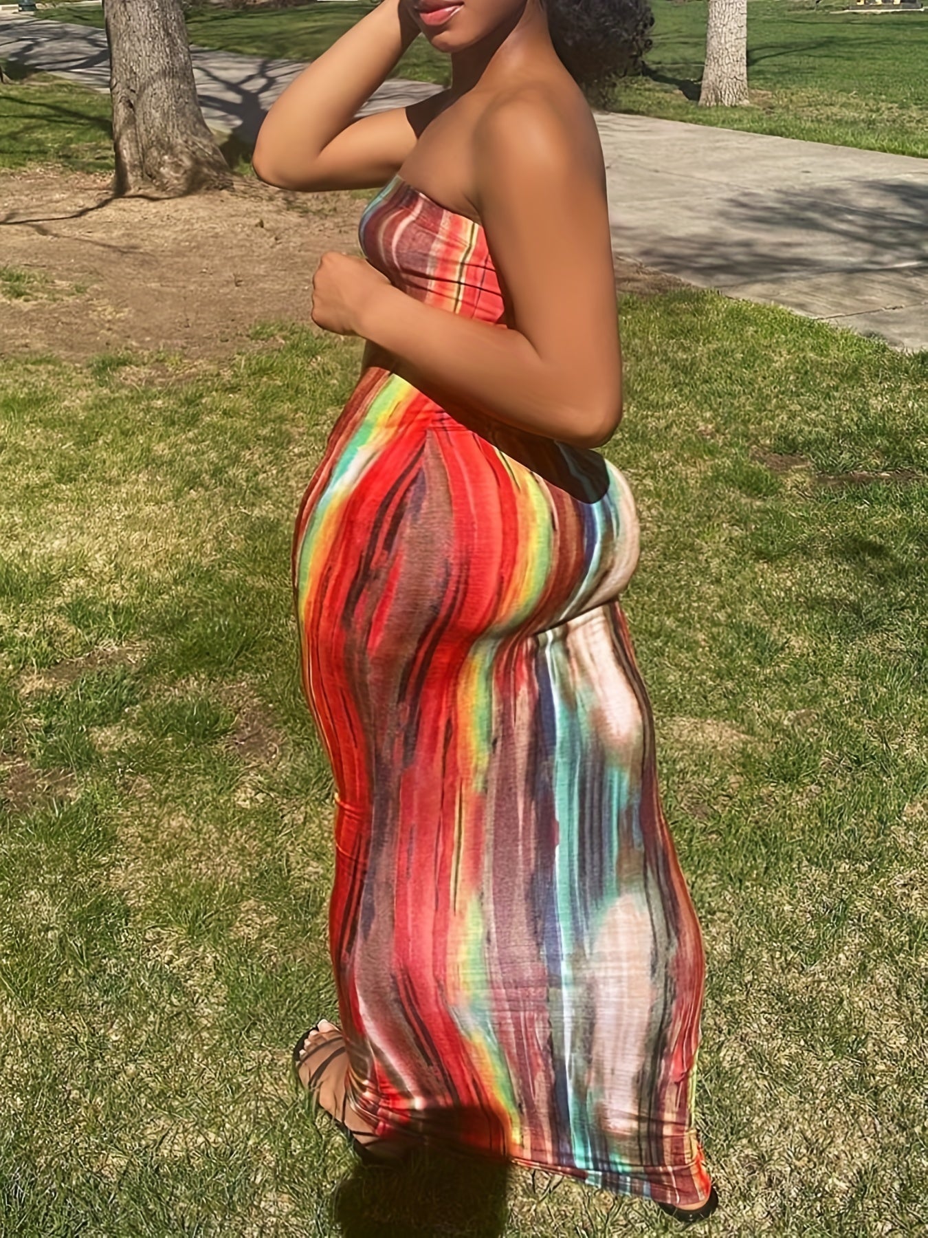 Plus Size Casual Tube Dress Women's Plus Random Print Strapless