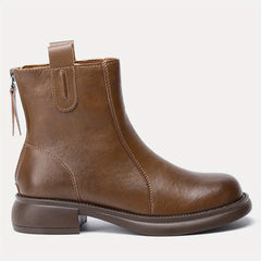 Women's Brown Chunky Heel Boots Warm Plush Lined Leather Boots