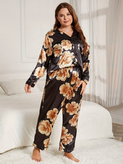 Satin Floral Print Pajama Set Button Up Shirt & Pants
