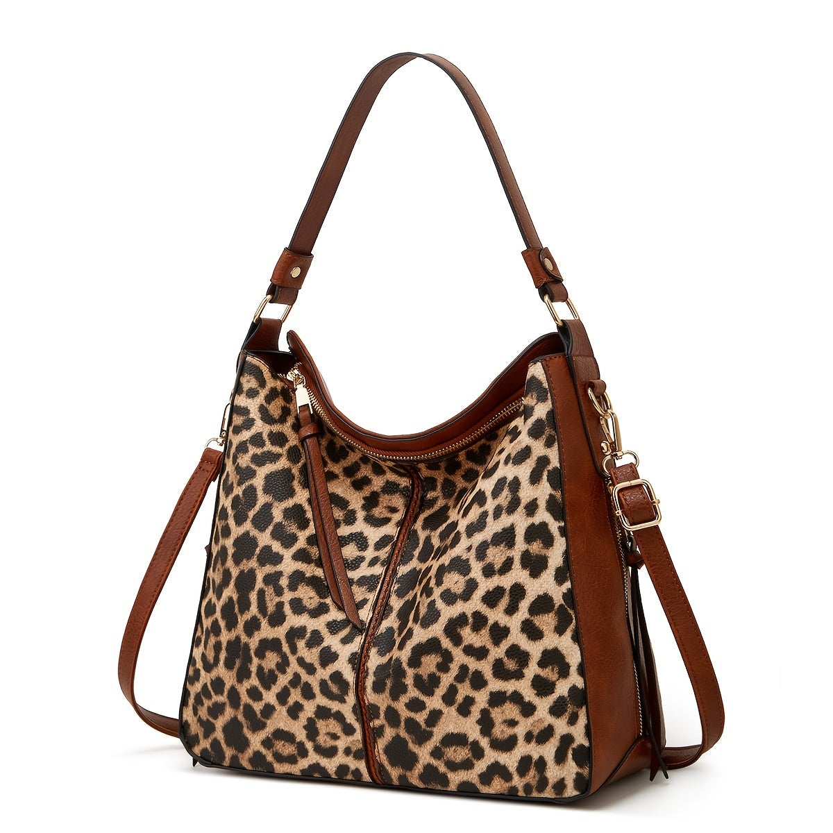 Leopard Print Tote Bag Large Capacity Shoulder Bag Zipper Portable Handle