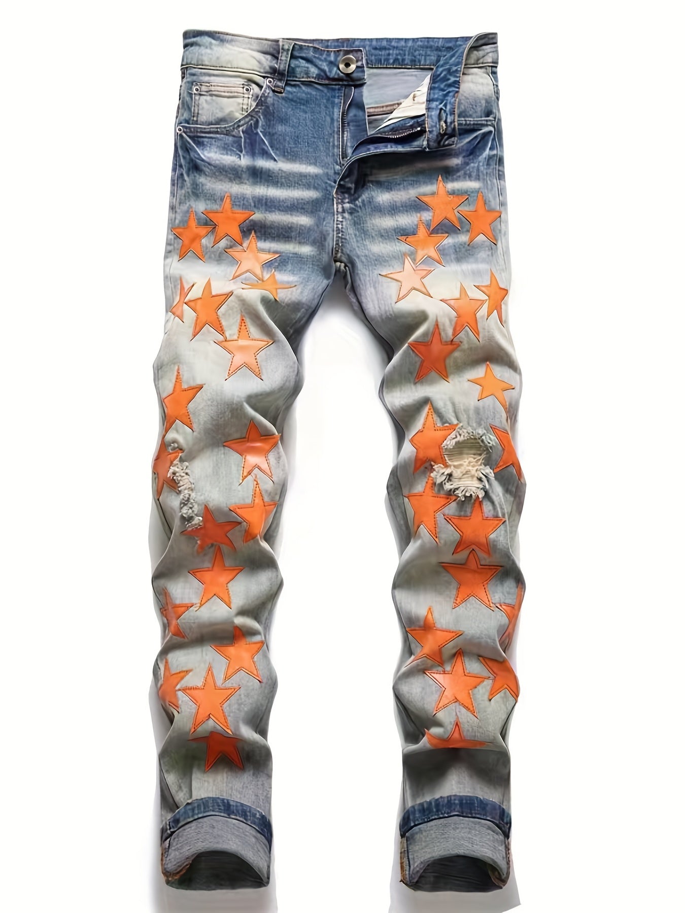 Men's Slim Fit Embroidered Star Ripped Jeans