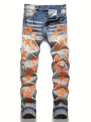 Men's Slim Fit Embroidered Star Ripped Jeans