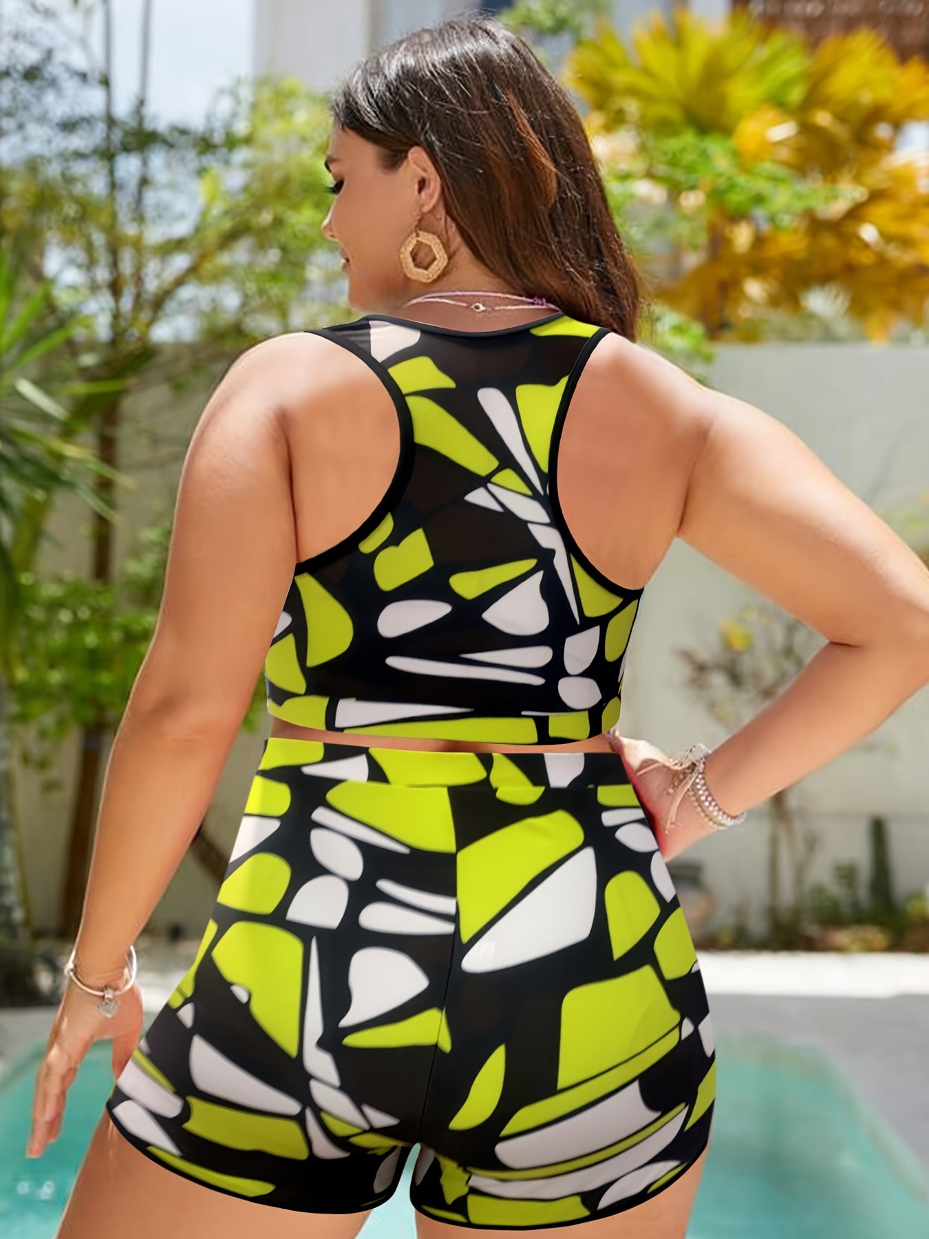Abstract Print Racer Back Tank Bra & Shorts Swimsuit Set