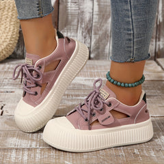 Women's Solid Sneakers Lace Up Low Round Toe Side Hollow Out Skate Shoes
