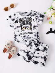 Tie Dye Cartoon Figure Print T shirt & Shorts 2pcs Set for Baby Girls