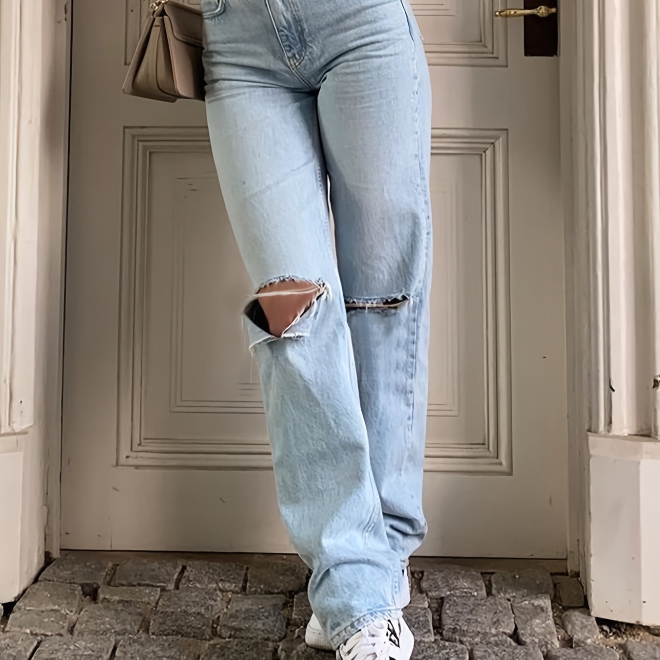 Ripped High Rise Straight Leg Jeans