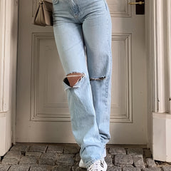 Ripped High Rise Straight Leg Jeans