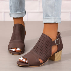 Women's Peep Toe Low Heeled Sandals Perforated Buckle Strap