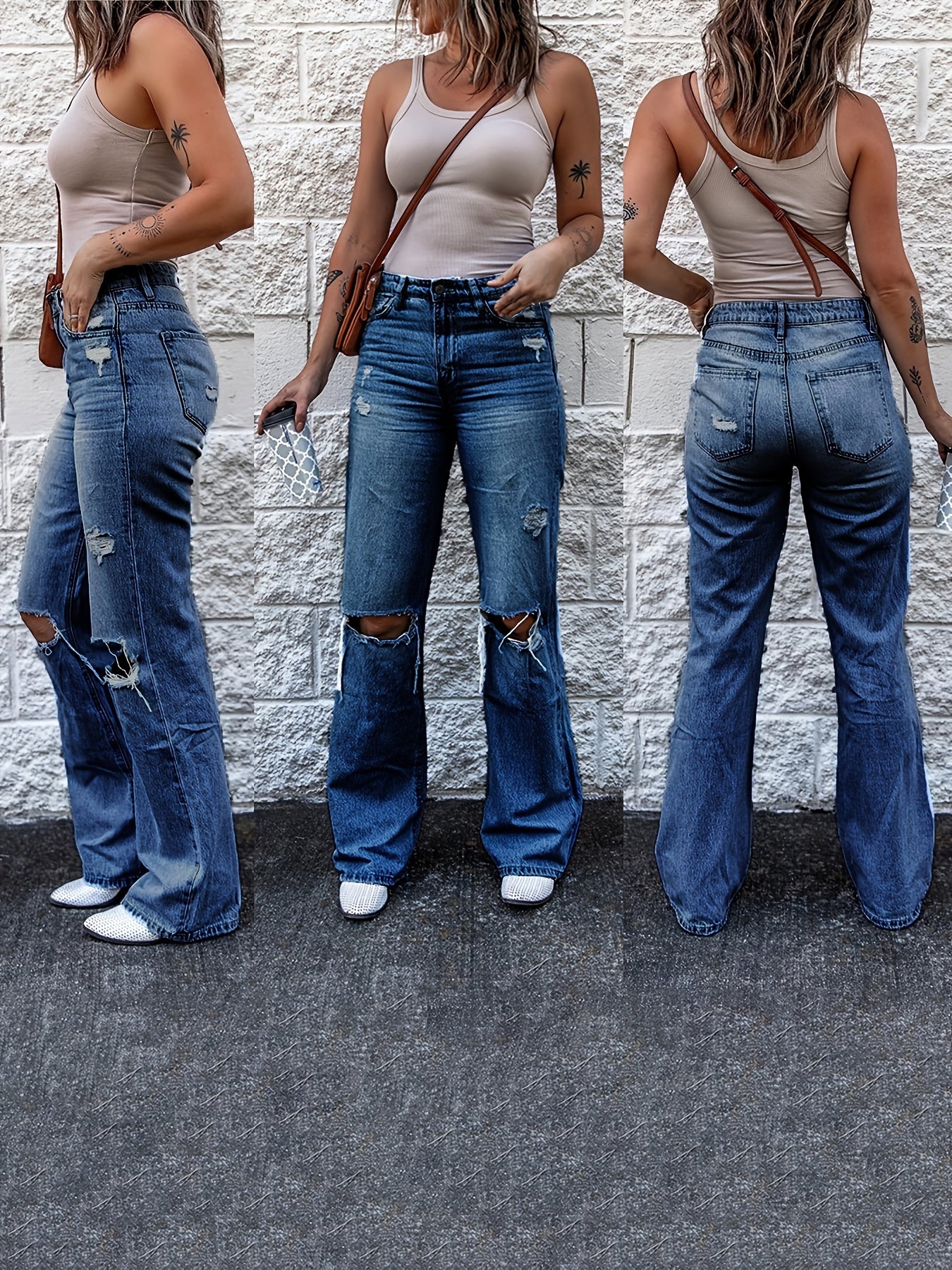 Distressed High Waist Bootcut Jeans Retro Denim Pants