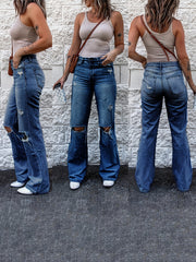 Distressed High Waist Bootcut Jeans Retro Denim Pants