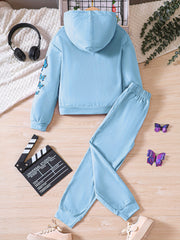 Butterfly Graphic Hoodie and Jogger Pants Sports Suit for Girls