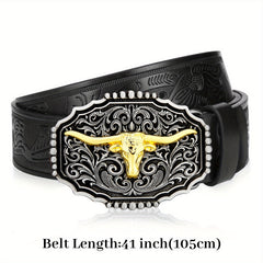 Men's Western Cowboy Leather Belt Long Horn Bull Buckle Embossed Floral