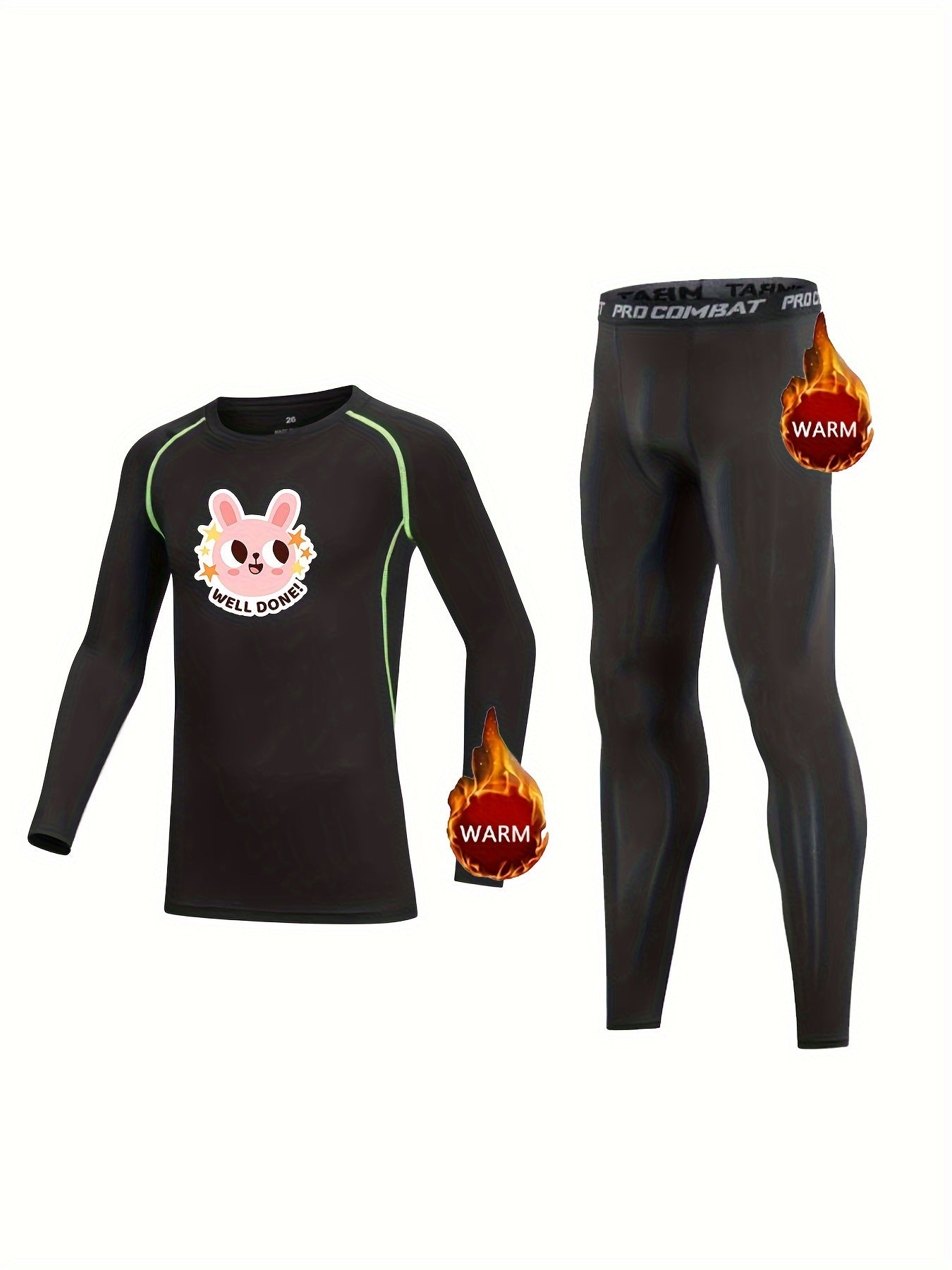 2pcs Kids Compression Fleece Sets - Cartoon Pattern Crew Neck Pullover & Elastic