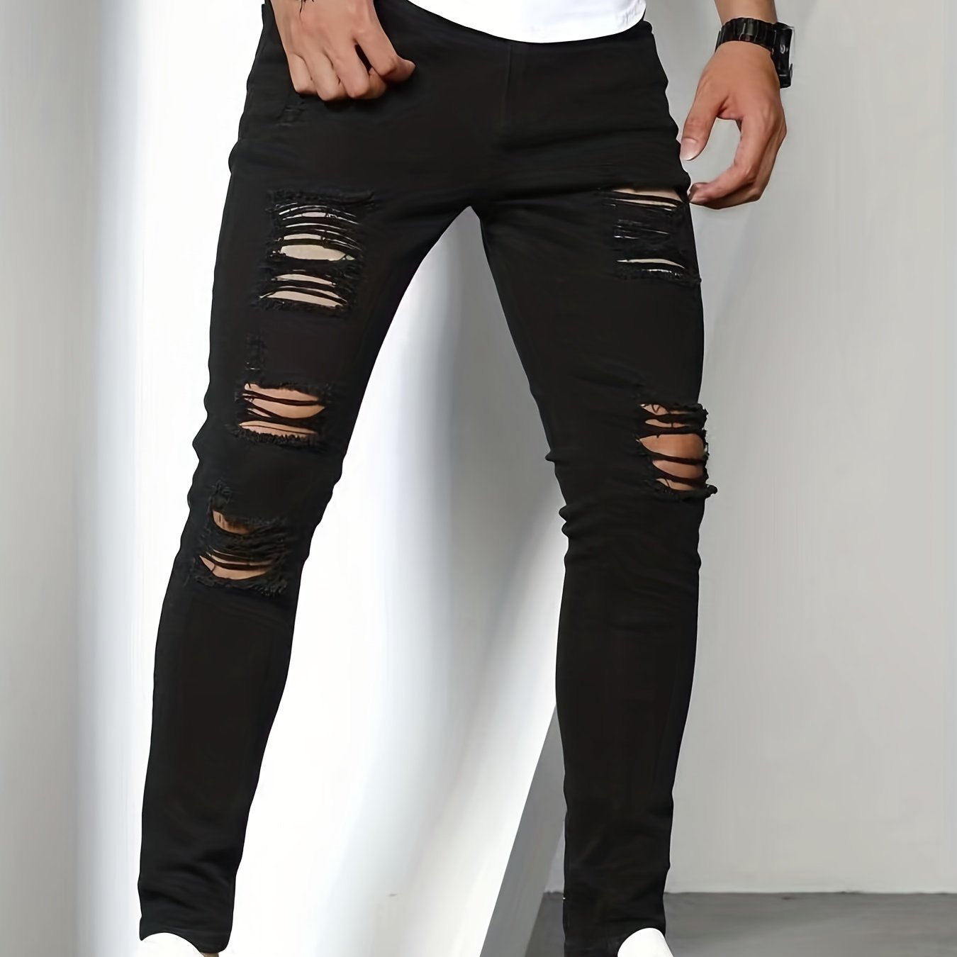 Slim Fit Ripped Jeans Mens Casual Street Style Stretch Denim Pants