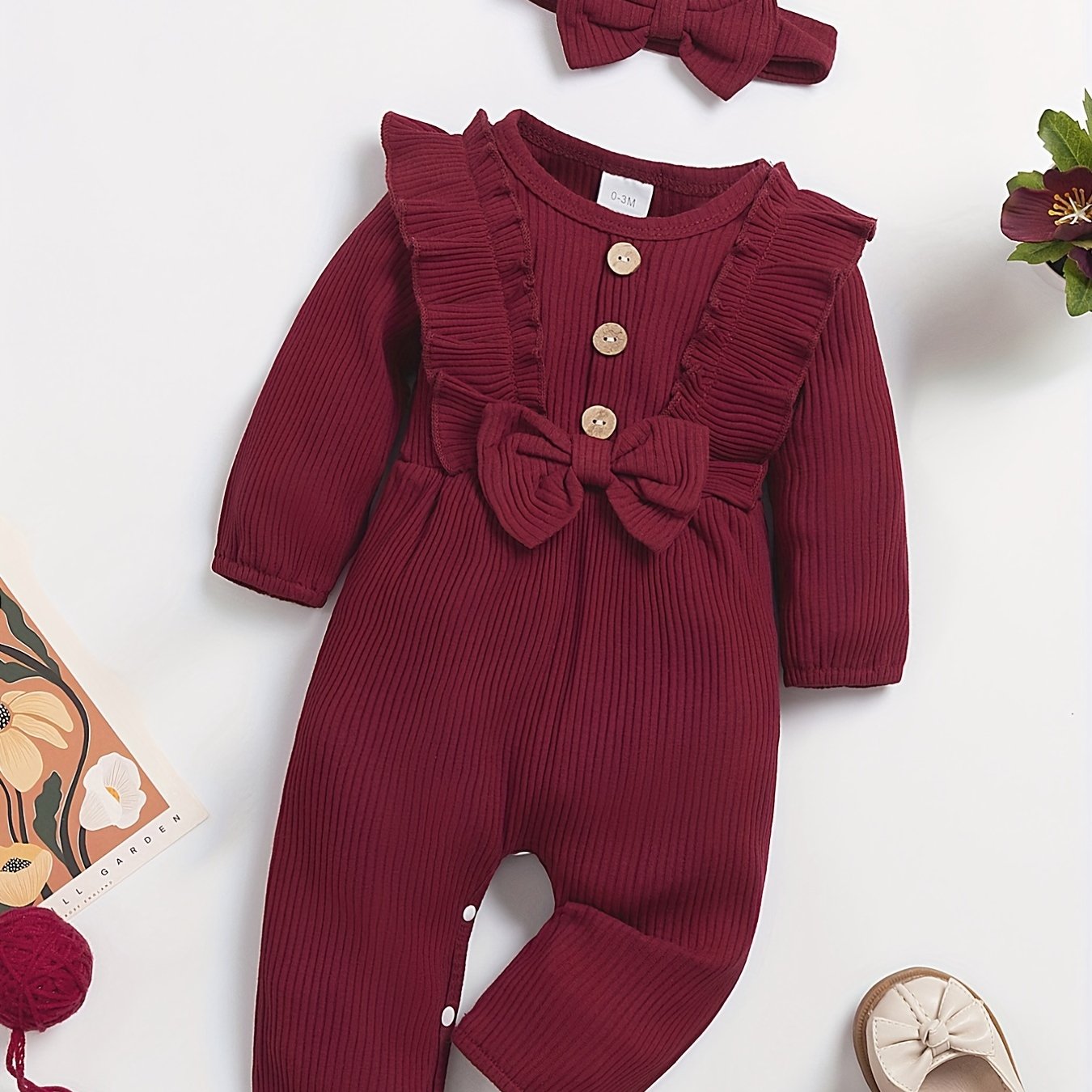Baby Girl Romper Set Striped Ruffle Trim Long Sleeve Headband